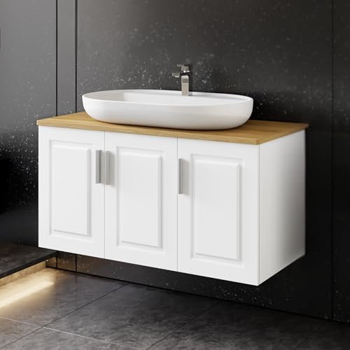 Karen Waschtisch mit Unterschrank Arin Weiß | Keramikwaschbecken | Unterschrank | Badmöbel | Aufsatzwaschbecken | Konsolenwaschtisch | Landhaus Stil | Badezimmer (Arin 100 mit Konsole Eiche)