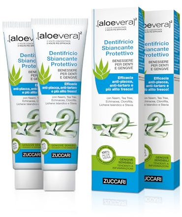ZUCCARI aloevera² - Aloe Vera Zahnpasta mit Whitening-Effekt (2x100ml) – Vegane & Fluoridfreie Zahnpasta für empfindliches Zahnfleisch – aus 100% Aloe Vera Saft mit Neemöl, Islandmoos & Teebaumöl