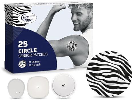 CureTape Sensor Pflaster Rund - CGM Sensor Cover für Freestyle Libre, Dexcom & andere - Fixierpflaster wasserfest, hypoallergen & latexfrei - Bis zu 10 Tage Halt - 25 Stück (Ø 65 mm) - Zebra