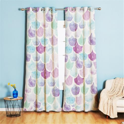 Koudi Bunt Mädchen Vorhänge Regenbogen-Nixe Schwanz Ösen Gardinen mit Blickdichte Vorhang Kälteschutz Fischschuppen Kinderzimmer Schlafzimmer Verdunkelung Fenster, 2 Stück, 160 x 70 cm (H x B)