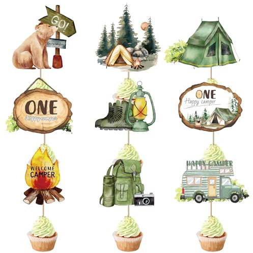 One Happy Camper Birthday Decorations - 36 Pcs Camper Birthday Decorations Cupcake Toppers Forest Woodland Party Supplies For Camping 1st Themed Decor Kids Boys Girls Baby Shower Party Photo Prop