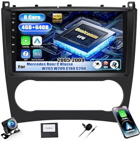 [Qualcomm 8 Core 4+64G]SIXWIN Android 15 Radio Coche para Mercedes Benz C Klasse W203 W209 C180 C200 2005-2009 con CarPlay&Android Auto,9 Pulgadas Pantalla Táctil con WiFi6/GPS/Bluetooth5.1/RDS/FM/DSP