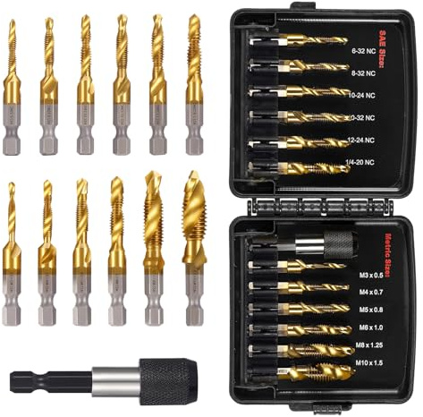 OCR 13PCS Titanium Drill Tap Set, HSS SAE & Metric Drill and Tap Bits with Quick Change Adapter, 3-in-1 Tool for Drilling, Tapping, Countersinking for Metalworking (Black)