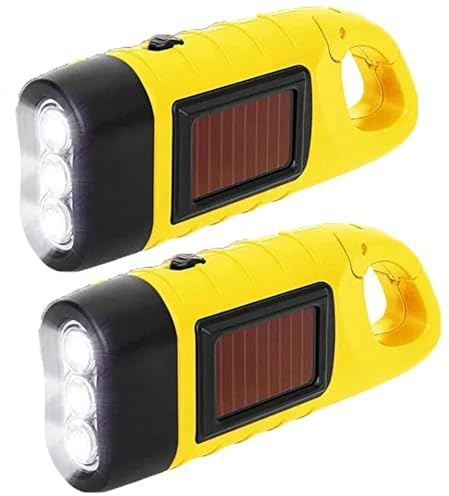 HENGBIRD Handkurbel Wiederaufladbare Taschenlampe LED Taschenlampe, 2 Stück Solar LED Taschenlampe Kurbeltaschenlampe, Wasserdicht Torch Light Notlicht Freien Tragbar Camping Lampen (2Stück Gelb)