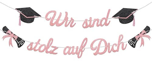 Glitzer 2025 Graduation Deko Girlande, Wir sind stolz auf Dich Abschluss Deko Banner, Bachelor Hut Hängedeko für Abitur, Bachelor und Master Graduation Abschlussparty Dekoration (Rose Gold W)