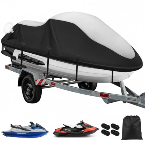 Jet Ski Abdeckung,900D Schwerlast Jetski Abdeckplane,2 BelüFtungsöFfnungen,Upgrade Windschutzschnallen mit dreieckiger Gewebeverstärkung, (XL Silber-Schwarz)