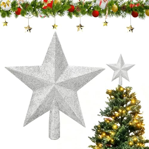 20cm Weihnachtsbaumspitze Stern,Christbaumspitze,Christmas Tree Topper Decorations,Sterne Plastik,für Weihnachten Dekoration,Silvester Party Deko Weihnachtsbaum Deko Silber