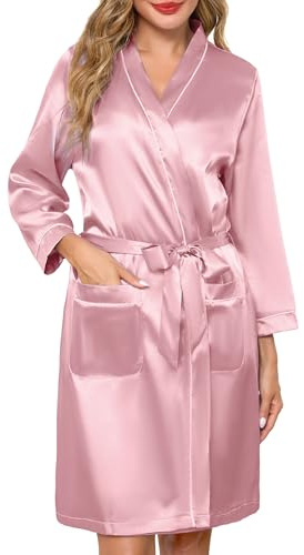 Sopesil Peignoir de Bain Femme en Satin Robe de Chambre Courte Femme Kimono de Mariée Robe de Soirée Élégante Fête Col V et avec Poches Tailles S-XXL