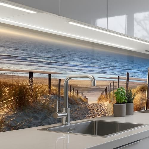 KitchenYeah© Spritzschutz Küchenrückwand Selbstklebend Küche Rückwand | 60x200 cm - Küchenwand Wand Küchenfront Verkleidung Küchenspritzschutz Strand - Meer - Niederlande - Dünen - Sonne