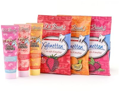 Dr. Bauer's Lovely Friends Zahnpasta Set für Kinder, 3 Tuben mit Glitzer | 3 Xylinetten Bonbons, Zuckerfrei, Zahnfreundlich, von Zahnärzten entwickelt
