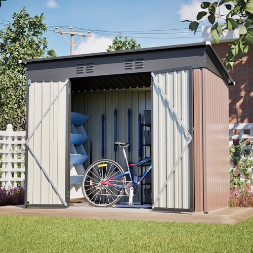Geräumiges Gartenhaus 2,4x1,2 m aus Metall – 8x4 FT Geräteschuppen mit Fundamentrahmen, UV-beständig & wetterfest, Braun (Brown, 229 * 111 * 182)