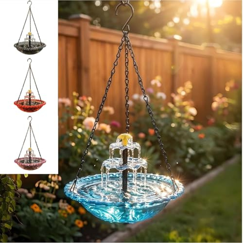 2026 Solar Cascade Hanging Bird Bath Fountain - 3 Layers Outdoor Water Feature for Hummingbirds, Easy-Clean 9.3 Glass Basin with Solar Powered Pump, Attract Wild Birds to Garden, Patio (Blue)