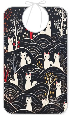 KAAVIYO Chats Blancs Mignons Bavoirs Imperméables pour Adultes avec Récupérateur de Miettes pour Personnes Âgées Tablier de Bavoir D'alimentation pour Seniors.