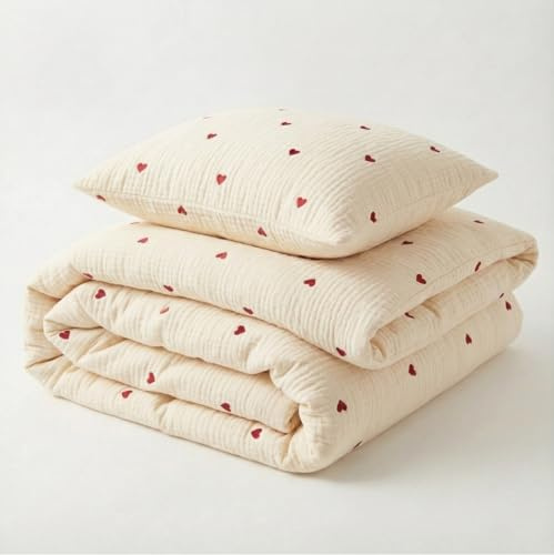 Mooskind Musselin Kinderbettwäsche 100x135 cm mit Kissenbezug 40x60 cm [Herzchen] – 100% Bio Baumwolle & Ökotex geprüft – Musselin Bettwäsche Kinder Set für Mädchen & Jungen – Made in Europe