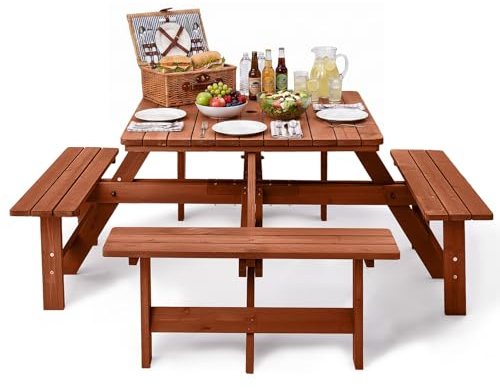 VINLGI Picknicktisch Set für 8 Personen,Biertischgarnitur Holz mit 4 Bänken & Schirmloch, Gartenmöbel Set Wetterfest,Esssets für Terrasse, Hof, Garten&Veranda (Quadratisch&Dunkelbraun)