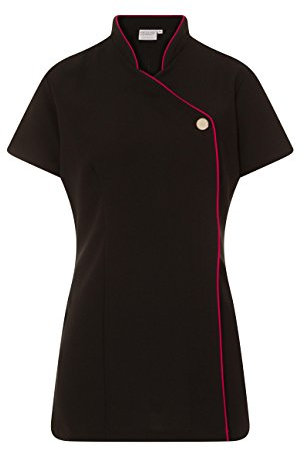 Proluxe Tunique de beauté de Bouton de Signature de Garniture de Contraste - Uniforme de Salon de manucure de Travail de santé de Spa - Noir/Fuchsia - 26