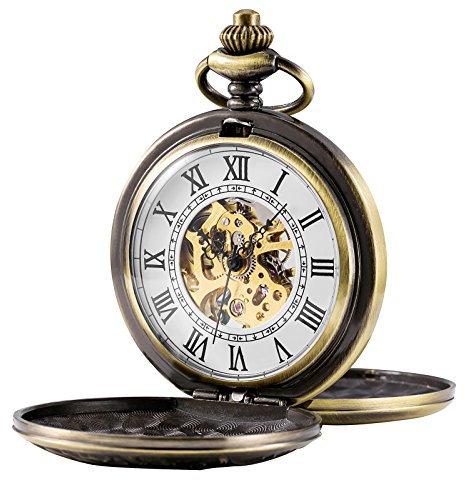 TREEWETO Unisex Taschenuhr mit Kette Analog Handaufzug Doppelscharnier Antik Skelett Bronze