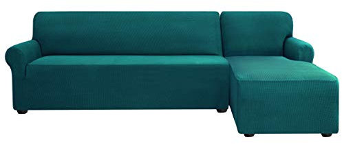 subrtex Sofabezug L Form Stretch Sofahusse Ecksofa Elastisch Eck Stretch-Sofabezug Eckcouch überwurf Weich Stoff Abwaschbar (Rechts 2 Sitzer, Petrol Blau)