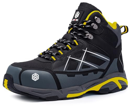 LARNMERN Zapatos de Seguridad Hombre Mujer Punta de Acero Transpirable Comodos Botas de Seguridad Zapatillas Pies Anchos Cordones Trabajo (Gris Amarillo,43 EU)