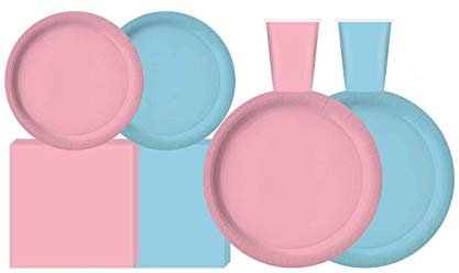 Serves 50,Complete Party Pack,Light Blue and Light Pink,9 Dinner Paper Plates,7 Dessert Paper Plates,9 oz Cups,3 Ply Napkins,office parties, birthday parties, festivals, Gender Reveal Party Theme