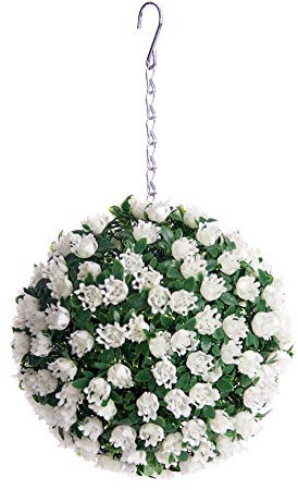 Best Artificial 23cm Rose Topiary Hanging Flower Ball **UV Fade Protected** (White)