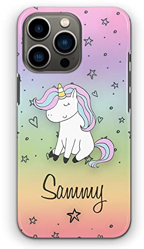 Personalised Initials Phone Case For Apple iPhones, 16, 15, 14,13, 12, 11, Pro Max, Mini, XR, SE Name Unicorn on Heart & Star Rainbow Print Hard Phone Cover, Unicorn Case