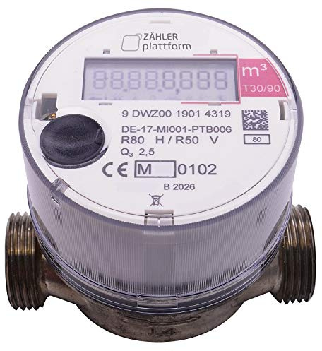 ZÄHLER plattform Funk Wasserzähler Warm Qn 1,5, Baulänge 80 mm, Durchfluss 1/2 Zoll, Anschluss 3/4 Zoll Eichung 2024 gültig bis 2030 Aufputzwasserzähler