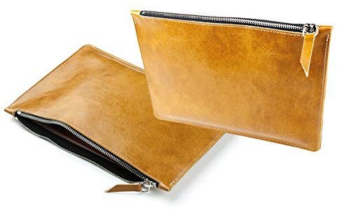 DELMON VARONE - Personalisierbare Banktasche mit Reißverschluss DIN A5 aus Anilin Vintage Leder Braun, Premium Geldtasche für Geldscheine, Münzen und Dokumente, Echtleder Geldscheintasche edel
