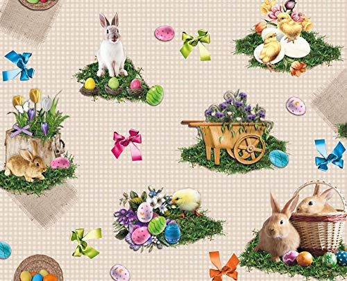 Ilkadim Wachstuch Tischdecke Osterhase, Ostereier, Ostern Meterware Länge auswählbar (Ostern beige 150A, 100 x 140 cm)