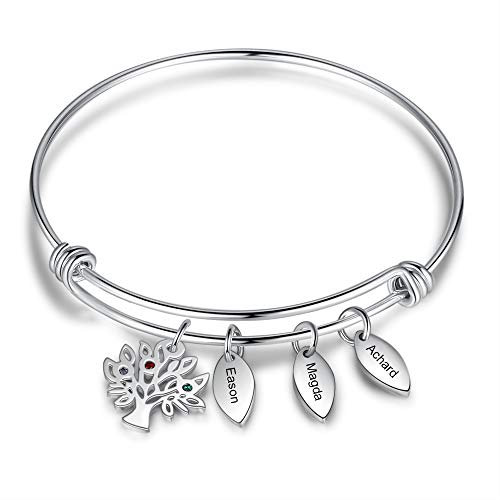 Jessemade Bracelets personnalisables Bracelets de famille en acier inoxydable Bracelet de nom réglable à graver avec pierres de naissance simulées et pendentif arbre de vie (# 3 Noms)