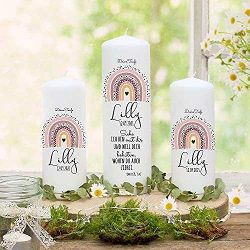 Taufkerze Patenkerze Gastkerze Lichthülle Rainbow Regenbogen Punkte hellrosa Wunschname Spruch individualisierbar wk204 - ausgewählte Größe: *4. 1x Taufkerze + 2x Patenkerzen*
