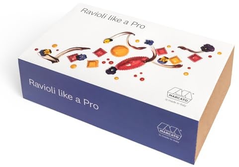 Marcato Kit Lavorazione Ravioli, Stampo per 24 Ravioli Quadrati da 35 mm + Mattarello in Legno + Stampo Tondo + Stampo Ovale + Canovaccio + Ricettario, Made in Italy. Modello: Ravioli Like a Pro