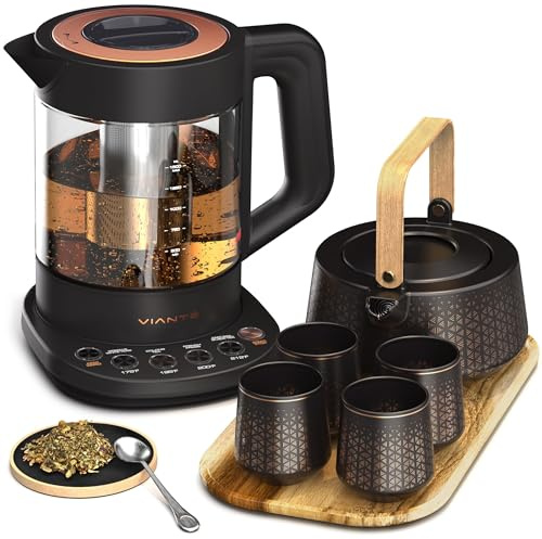 Vianté Luxury Tea Set. Electric Kettle with Infuser for Loose Leaf And Ceramic Serving Set. Teapot and Cup Set with Wooden Tray. Excellent Gift Idea For Tea Lovers.