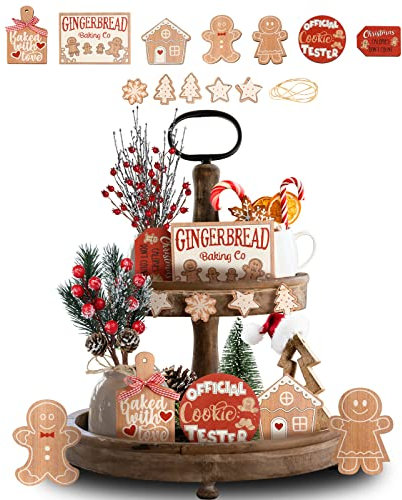BestAlice 12 Pcs Christmas Tiered Tray Decor, Winter Christmas Wooden Tabletop Signs, Rustic Gingerbread Man Xmas Tree Snowmen Wood Block (Gingerbread Man)