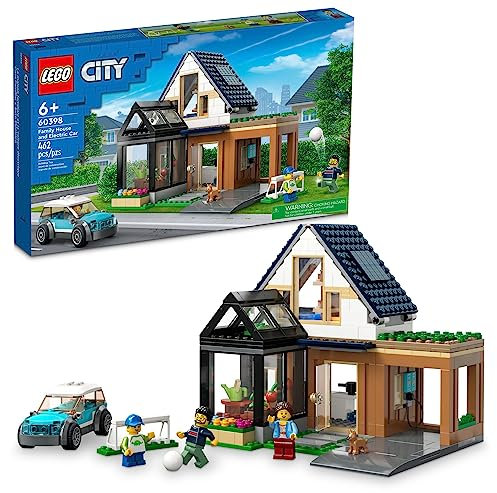 LEGO City Family House and Electric Car 60398 Building Toy Set, Includes a Kitchen, 2 Bedrooms, Greenhouse, Solar Panels Plus 3 Minifigures and a Puppy, Gift Idea for Ages 6+