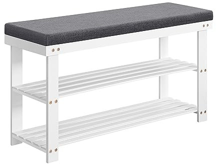 SONGMICS Banco Zapatero de Bambú, Zapatero de 2 Niveles, Organizador de Zapatos Estable para Entrada, Sala de Estar, Asiento de Banco Soporta hasta 136 kg, 29 x 90 x 49 cm, Blanco y Gris LBS904W01