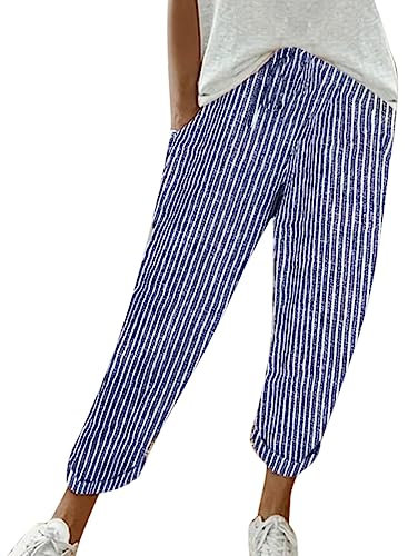 CGGMVCG Leinenhose für Damen, elastische Taille, gestreift, Freizeithose, lockere Baumwolle und bauchfreie Hose für Damen, lässiger Sommer, Blau, XXL