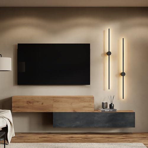 Planetmöbel TV Wohnwand Wohnzimmer 2X 160 cm Gold Eiche/Schwarz Charcoal - Gold Eiche, Modern, TV Schrank mit 2 Klappen als Stauraum, hängend oder stehend
