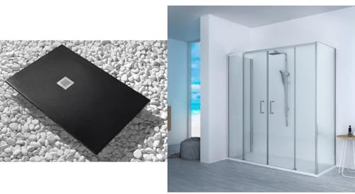 Plato de ducha 80 x 140 cm extra slim negro + cabina ducha 80 x 140 cm alto 200 cm con un cristal fijo y apertura central de 4 cristales