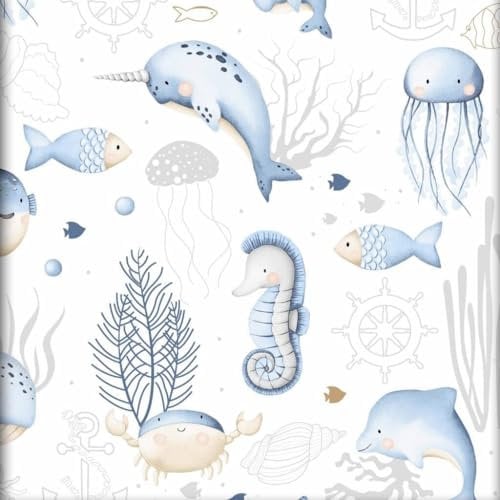 Textrend Baumwollstoff - Stoff zum Nähen - 100% Baumwolle - Textilien 1x1.6m - Stoffe Meterware - Maritimes Thema: Meerestiere (Ozeanblau auf weißem Hintergrund)
