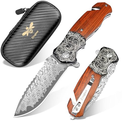 Zingbee Damast Taschenmesser mit Gürtelclip, 3-in-1 Outdoor Klappmesser mit Glasbrecher, Einfaches Öffnen und Schließen, vielseitig für Auto Camping und Outdoor Aktivitäten