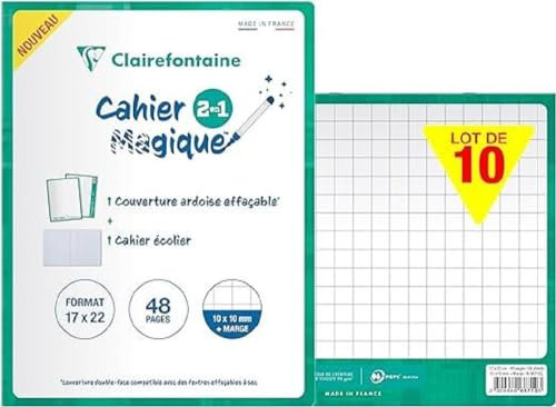 Clairefontaine 66710CPack A Pack of 10 Magic Stapled Notebooks - 17x22 cm - 48 Squared Pages 10x10 mm with Margin - White Paper 90 g - Double-Sided Dry-Eraseable Slate Covers