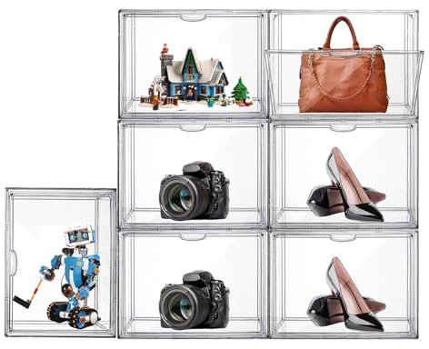 AAABOX Acryl Vitrine Transparente Stapelbar mit Tür,6 Stück 36x23x27cm Vitrinenschrank Schaukasten Selbstmontage Für Handtasche Action Figuren Spielzeug Modellautos Sammelfiguren