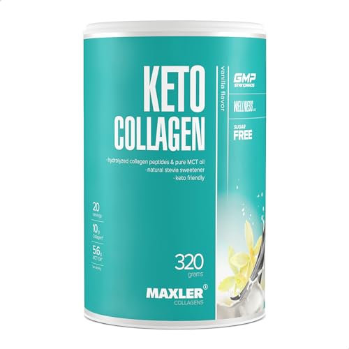 Maxler Keto Collagen Pulver - Vanille - 320g - Rinderkollagen (Solugel TM) - Kollagen pulver mit Kokosöl - 10g Reine Kollagenpeptide pro Portion - 5,6g MCT Öl - 20 Collagen MCT Powder Portionen