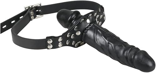 Hyper Realistic Dildo Double Cock Lockable Realistic Penis Gag, Mouth Gag with Adjustable Leather Strap, SM Dildo Gag