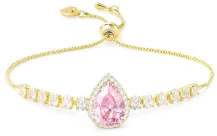 Linawe Pink Crystal Imitation Diamond Bracelets for Women, Gold Charm Chain Bracelet Set, Rhinestone Birthstone Moissanite Cubic Zirconia Bracelet, Prom Wedding Preppy Cute Jewellery
