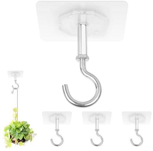 Adhesive Ceiling Hooks, 4 Pack 30lbs Super Heavy Duty for Hanging Plants, Strong No Drill Outdoor Sticky Ceiling Hanger, Stick On Hooks for Lights,Wind Chimes,Lantern