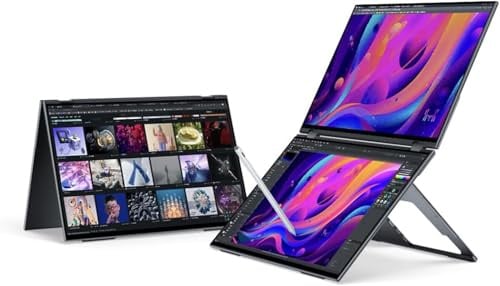 EHOMEWEI - Dual View Portable Monitor, Dual Touch Screen 16x2 FHD 60Hz, 100% DCI-P3 400 Nit Stylus Compatible with CNC Metal Shell for Laptop, Tablet, Phone