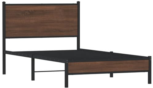 vidaXL Bettgestell, Metallbett Bett mit Kopfteil, Bettrahmen mit Lattenrost, Einzelbett für Schlafzimmer, Metall Braun Eichen-Optik 100x190cm