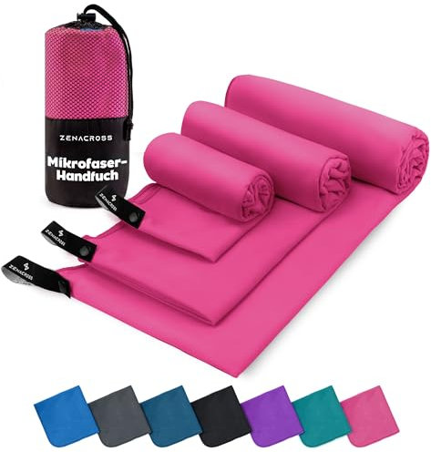 ZENACROSS Mikrofaser Handtuch 3er Set mit Transportbeutel - Schnelltrocknendes und vielseitiges Fitness Handtuch - Sporthandtuch Größen - XS, S, M - Kräftiges Rosa